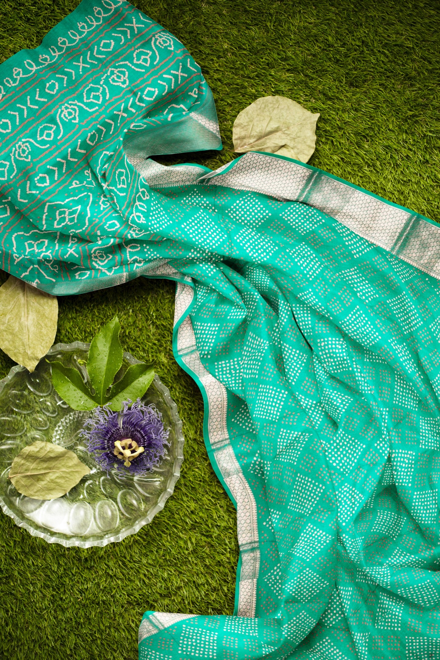 Peacock Blue Semi Dola Rangoli Dots Print Zari Border Saree