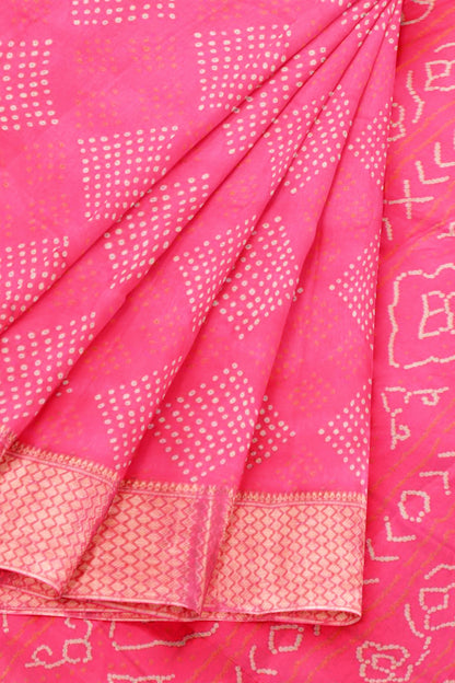 Hot Pink Semi Dola Mirror Dots Print Zari Border Saree