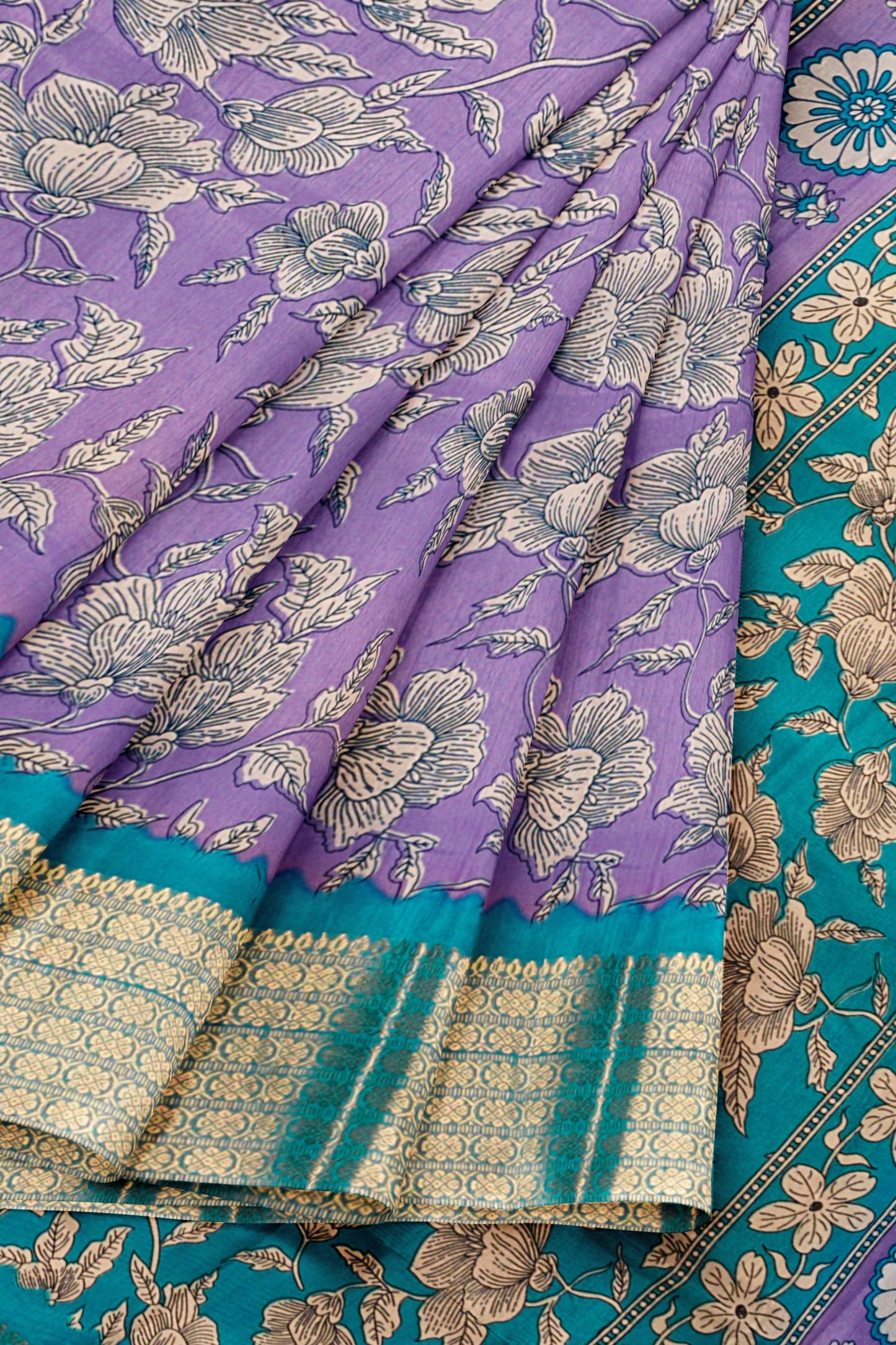Violet Semi Dola Summer Florals Print Zari Border Saree