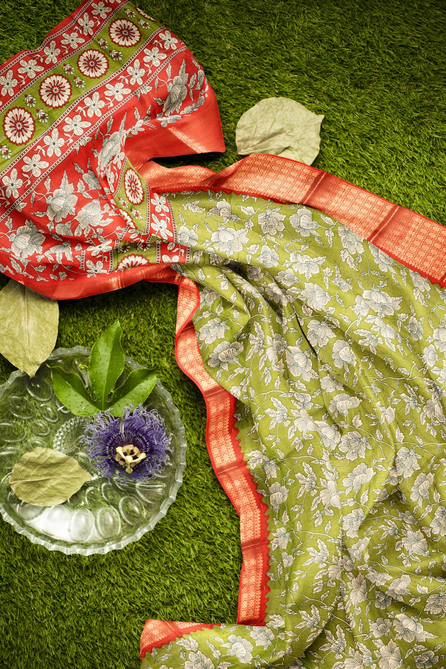 Olive Green Semi Dola Summer Florals Print Zari Border Saree