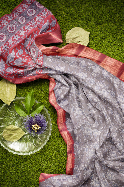 Dark Grey Semi Dola Maroon Zari Border Saree