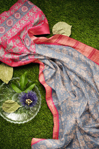 Dark Grey Semi Dola Pink Zari Border Saree