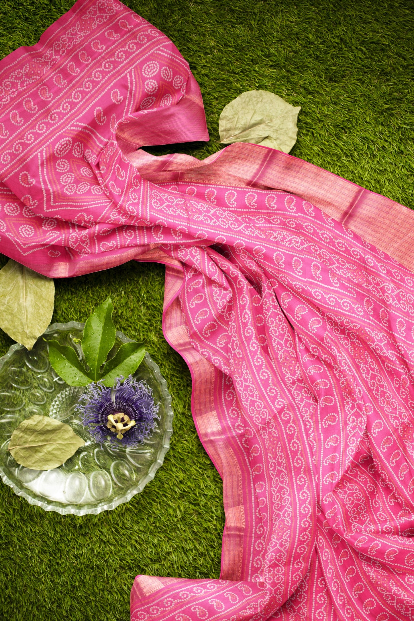 Hot Pink Semi Dola Rang Leela Print Zari Border Saree