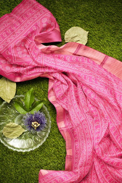 Hot Pink Semi Dola Rang Leela Print Zari Border Saree