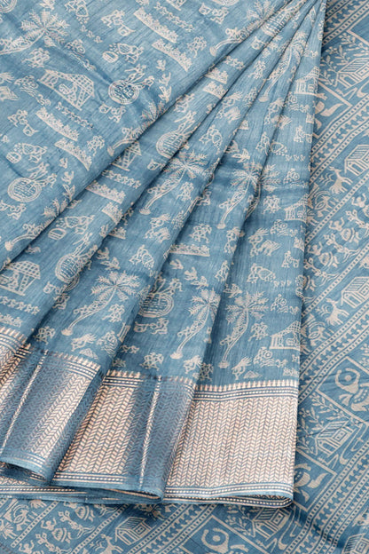 Grey Blue Semi Dola Warli Print Zari Border Saree