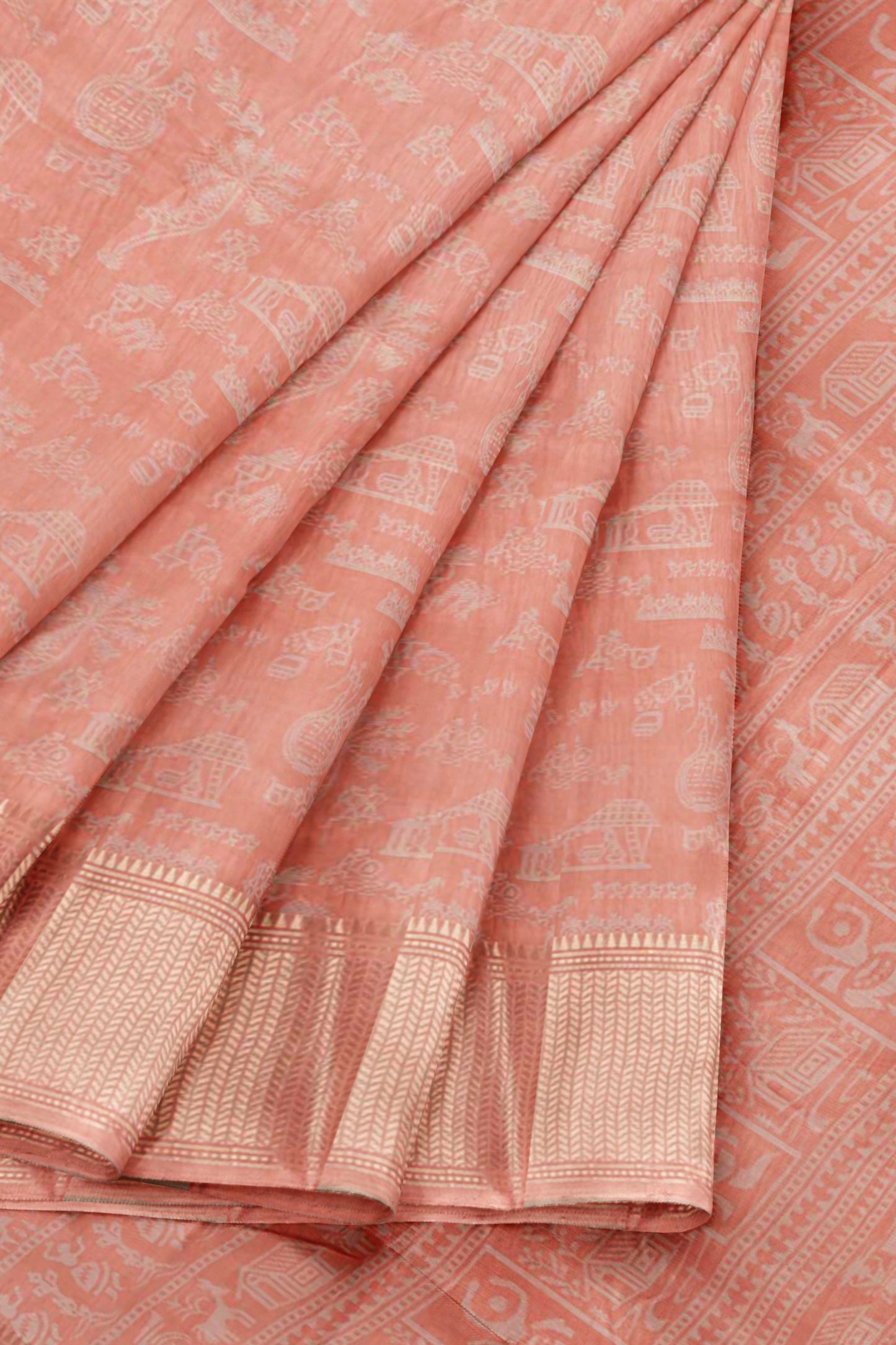 Peach Semi Dola Warli Print Zari Border Saree