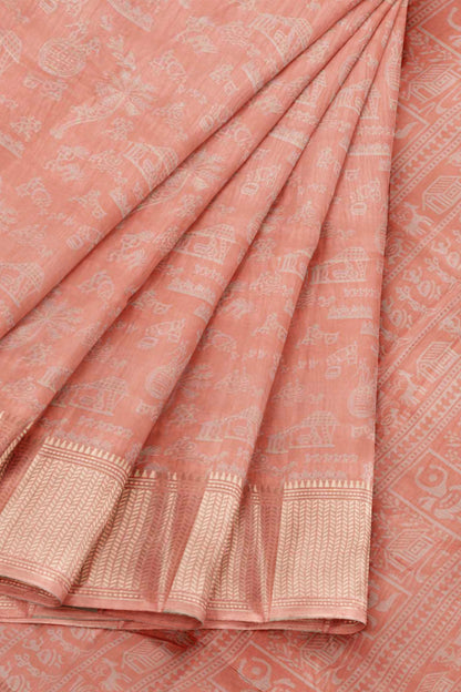 Peach Semi Dola Warli Print Zari Border Saree