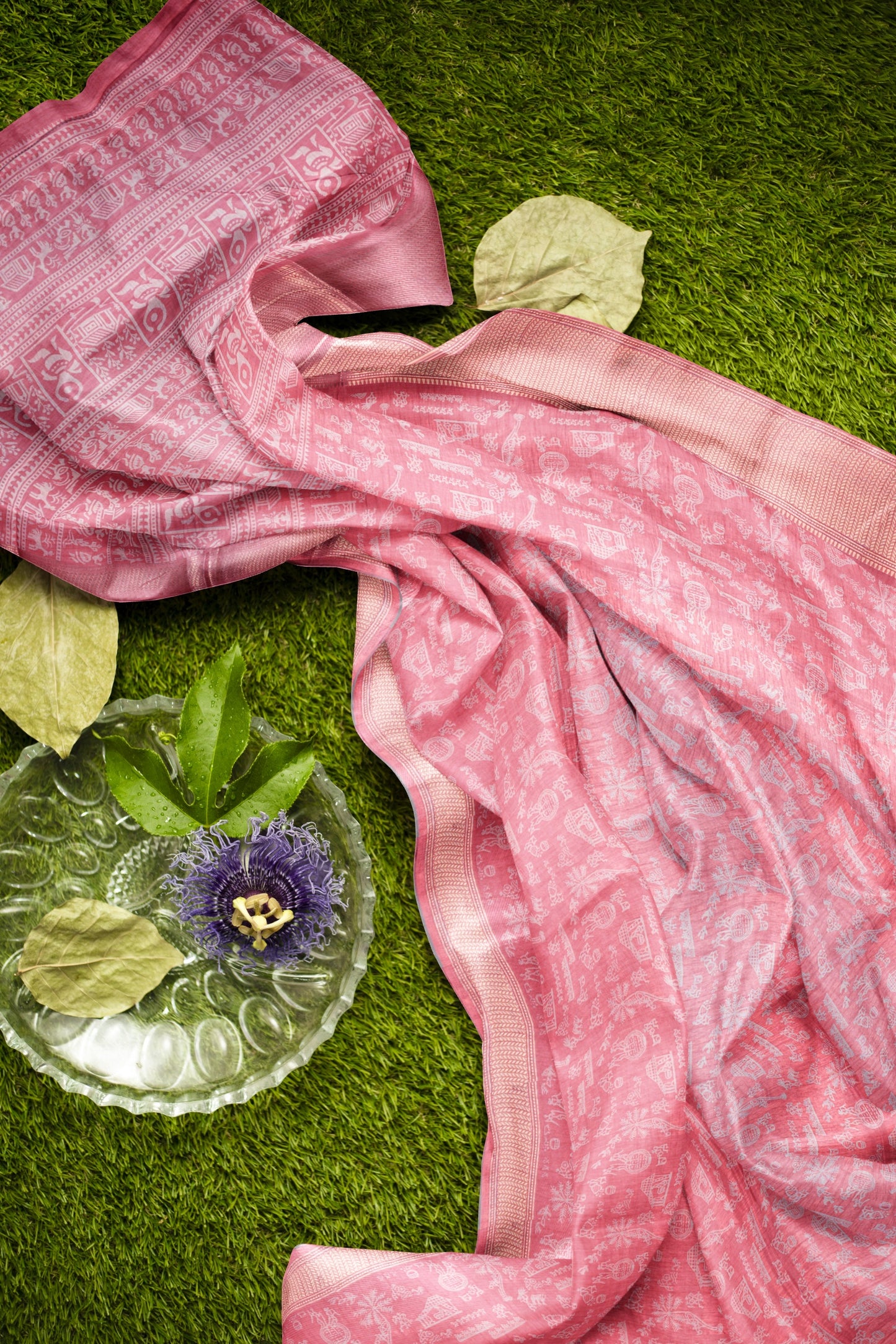 Pink Semi Dola Warli Print Zari Border Saree