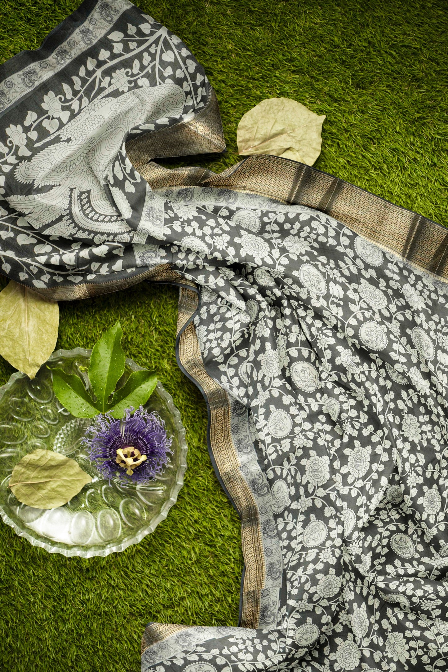 Black and white Semi Dola Peacock Florals Print Zari Border Saree