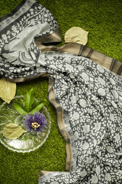 Black and white Semi Dola Peacock Florals Print Zari Border Saree