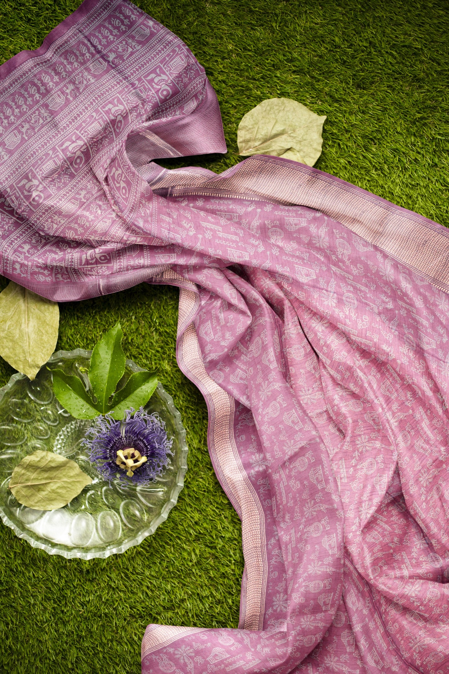 Light Violet Semi Dola Warli Print Zari Border Saree