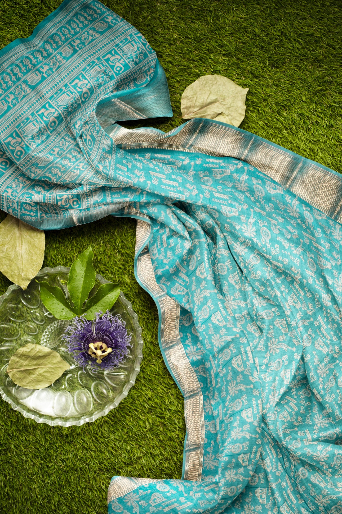 Blue Semi Dola Warli Print Zari Border Saree