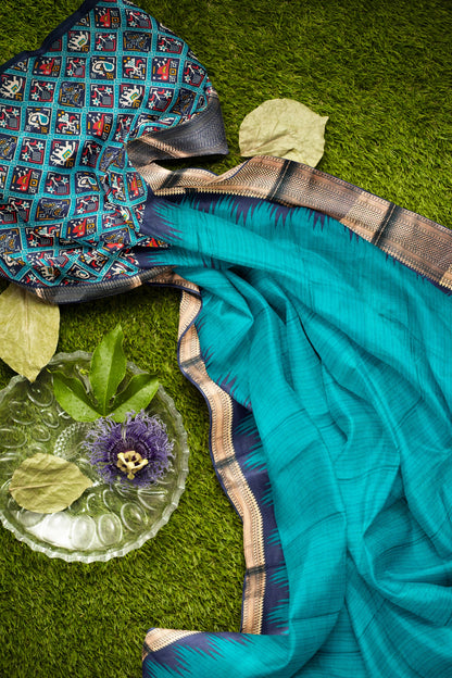 Blue Semi Dola Zari Border Fancy Pallu Blouse Saree