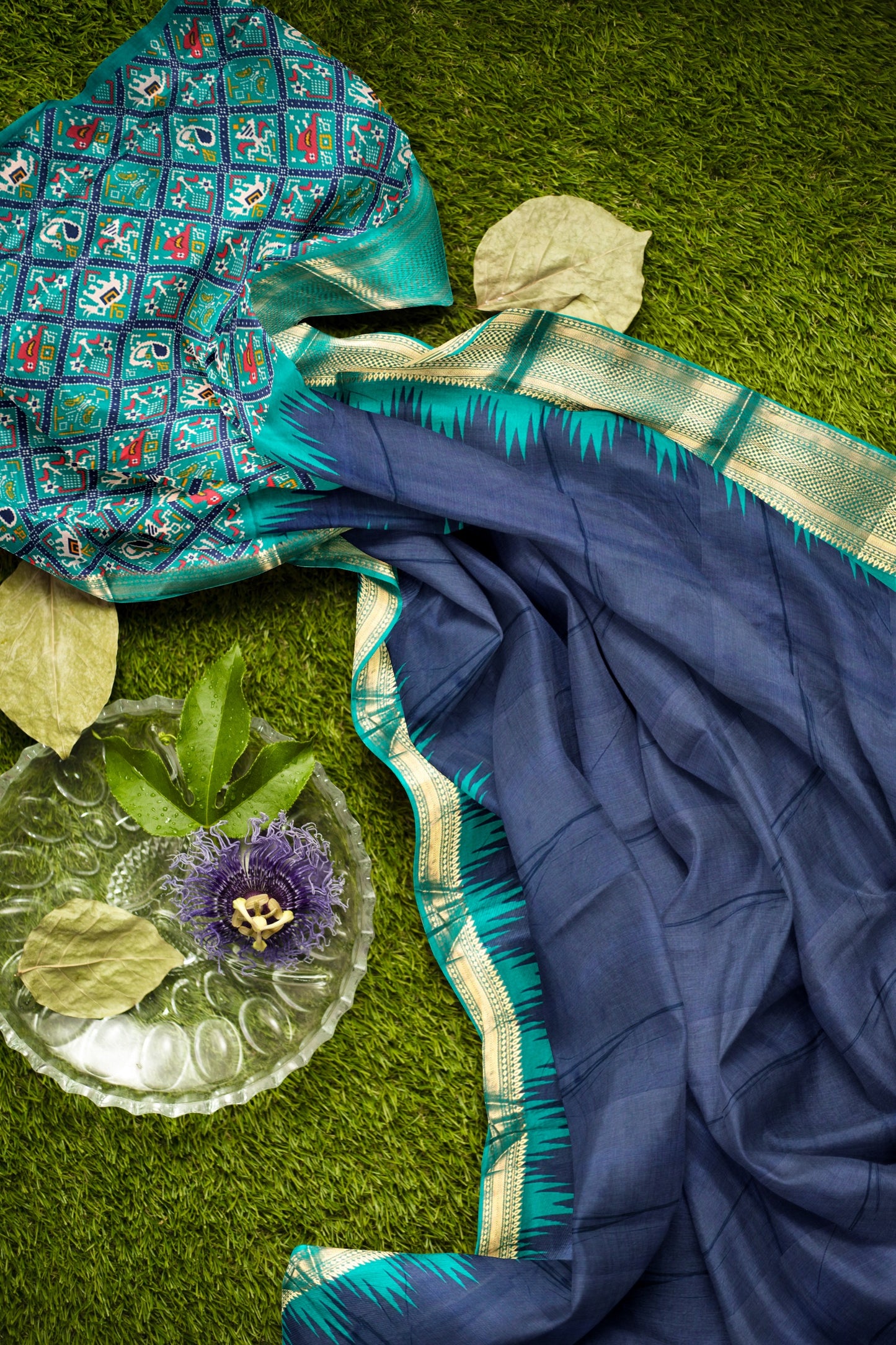 Navy Blue Semi Dola Green Zari Border Saree