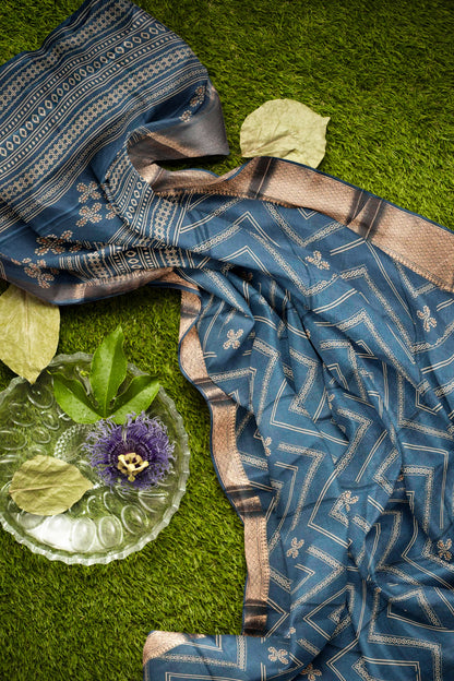 Royal Blue Semi Dola Fancy Stripes Print Zari Border Saree