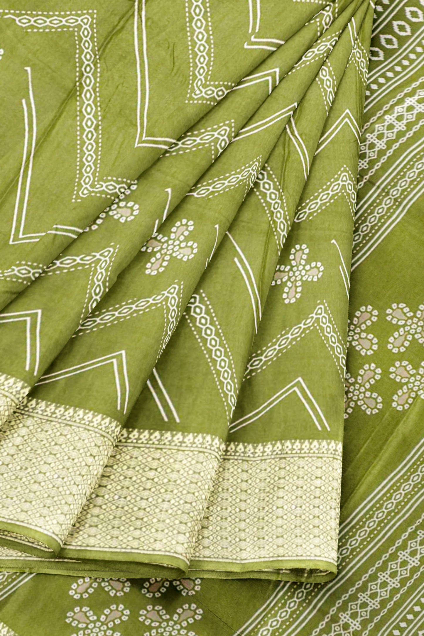 Olive Green Semi Dola Fancy Stripes Print Zari Border Saree