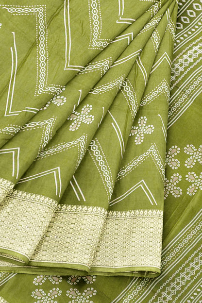 Olive Green Semi Dola Fancy Stripes Print Zari Border Saree