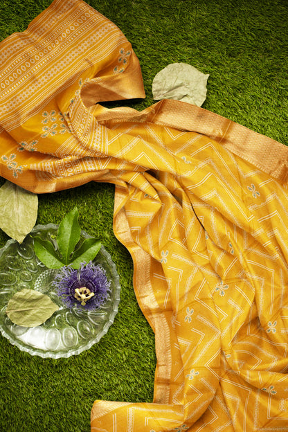 Golden Yellow Semi Dola Fancy Stripes Print Zari Border Saree