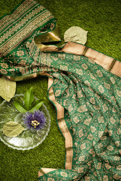 Green Semi Dola Floral Frames Print Zari Border Saree
