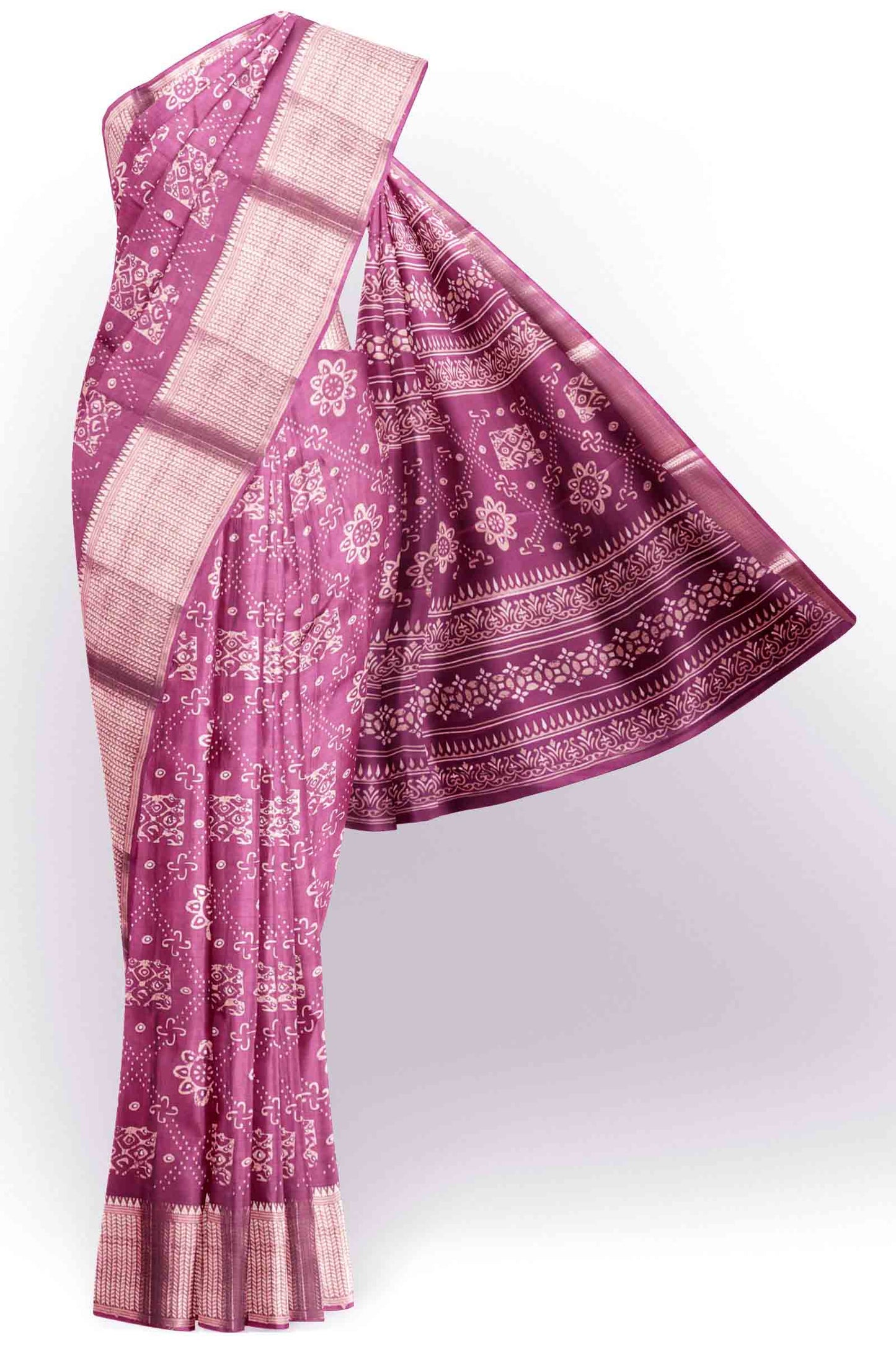 Dark Violet Semi Dola Floral Frames Print Zari Border Saree