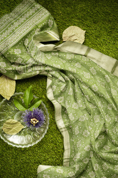 Olive Green Semi Dola Floral Frames Print Zari Border Saree