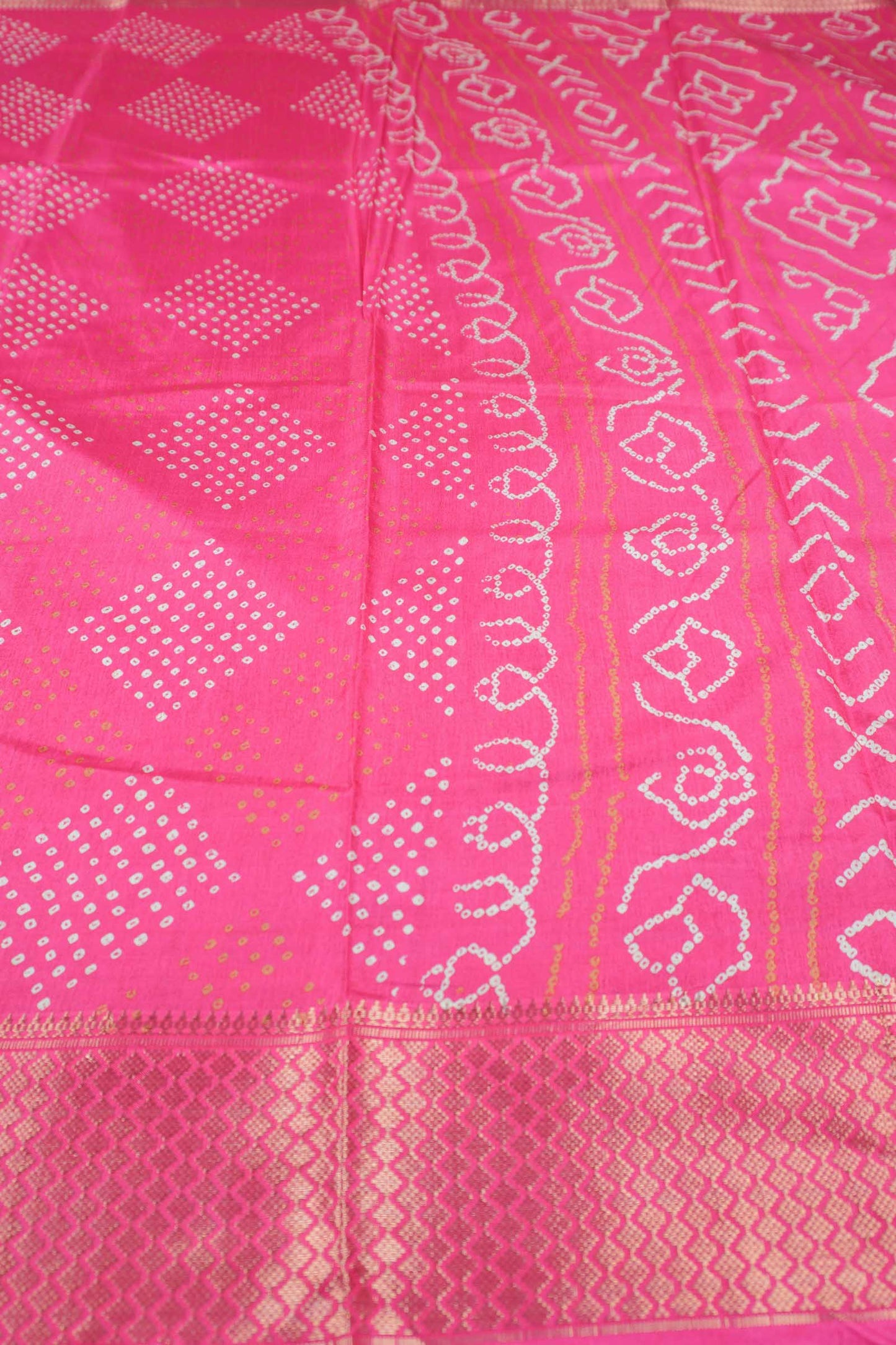 Hot Pink Semi Dola Mirror Dots Print Zari Border Saree