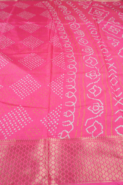 Hot Pink Semi Dola Mirror Dots Print Zari Border Saree