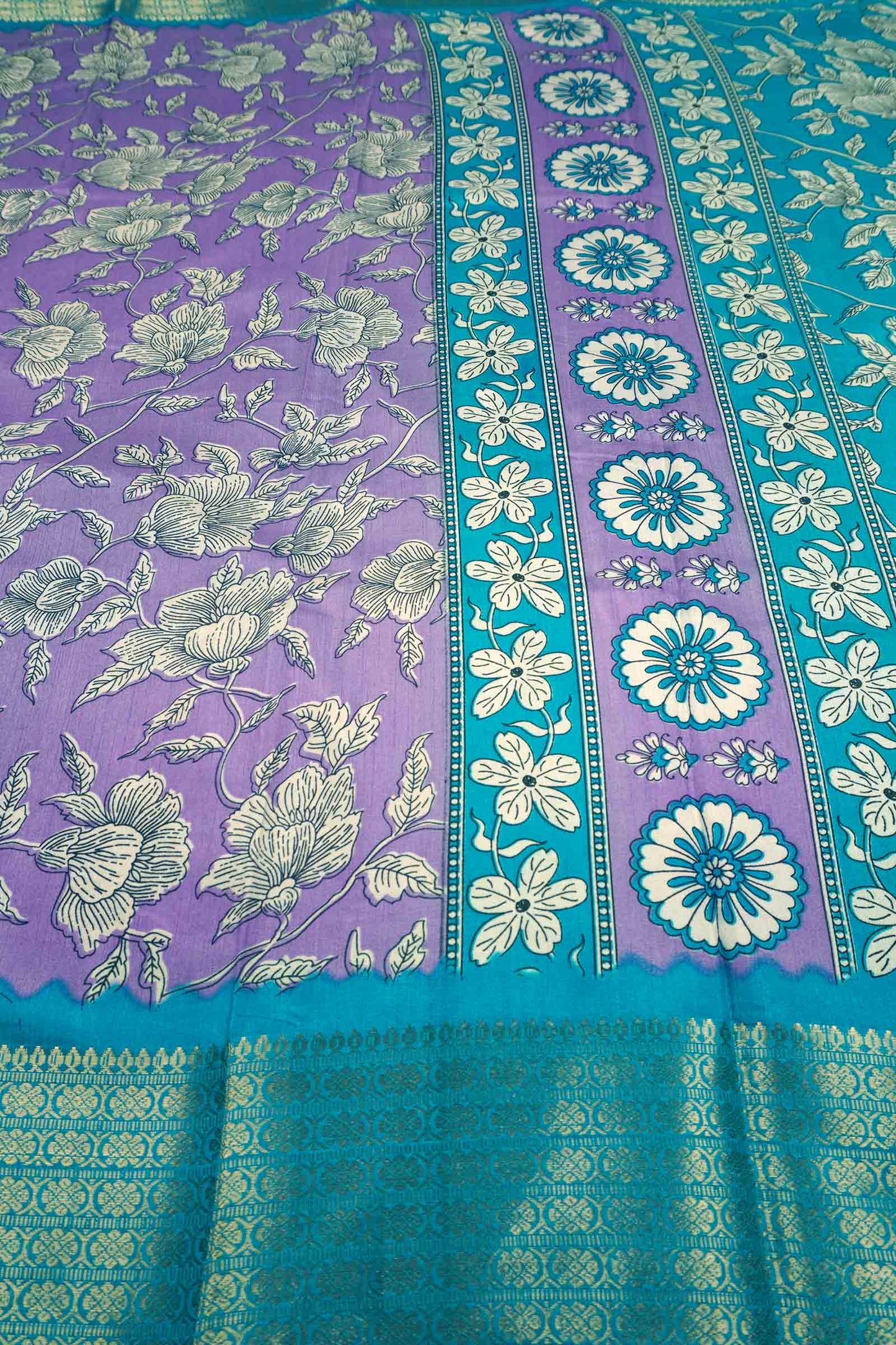 Violet Semi Dola Summer Florals Print Zari Border Saree