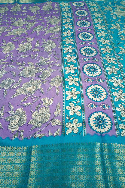 Violet Semi Dola Summer Florals Print Zari Border Saree