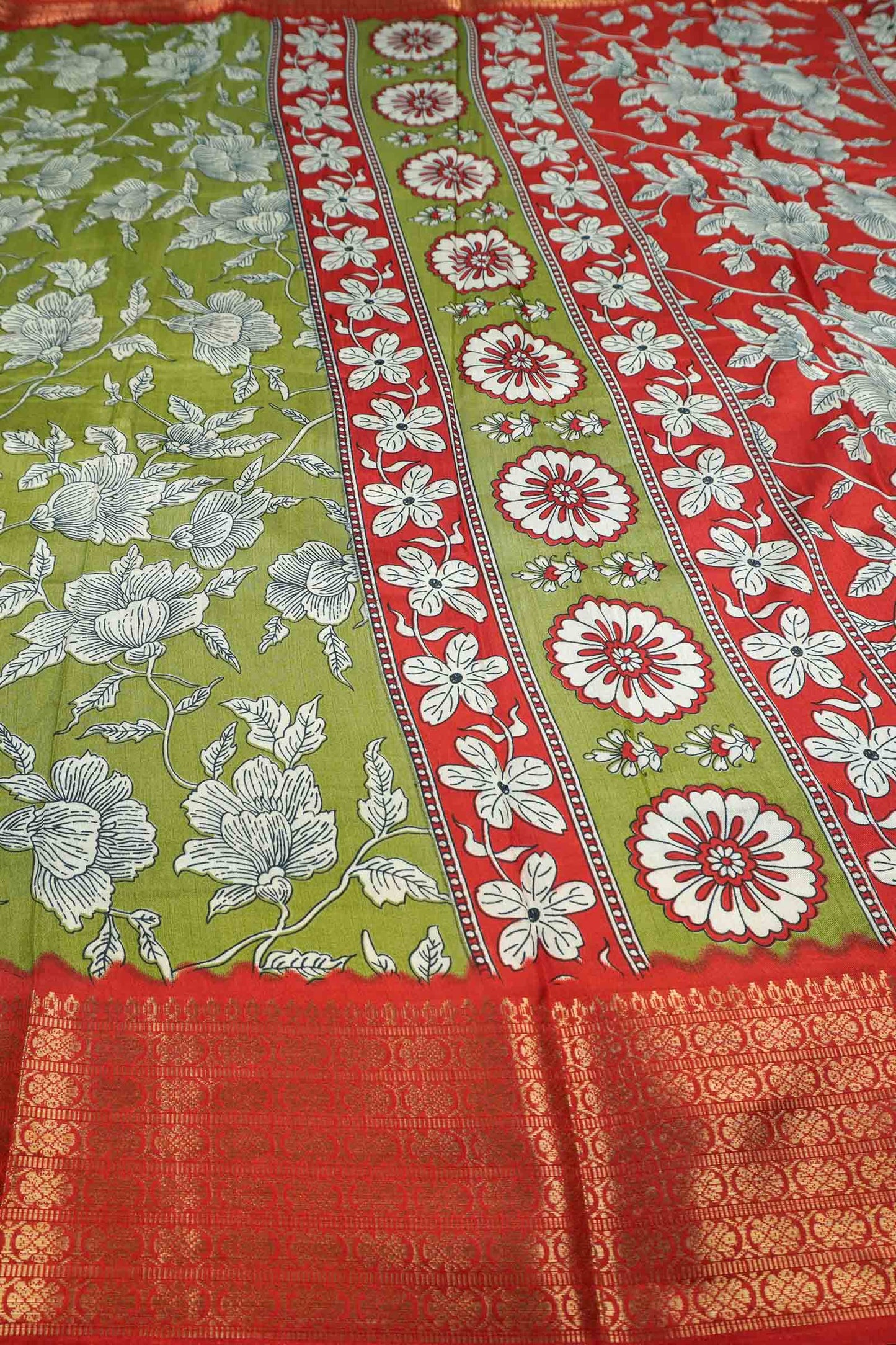 Olive Green Semi Dola Summer Florals Print Zari Border Saree