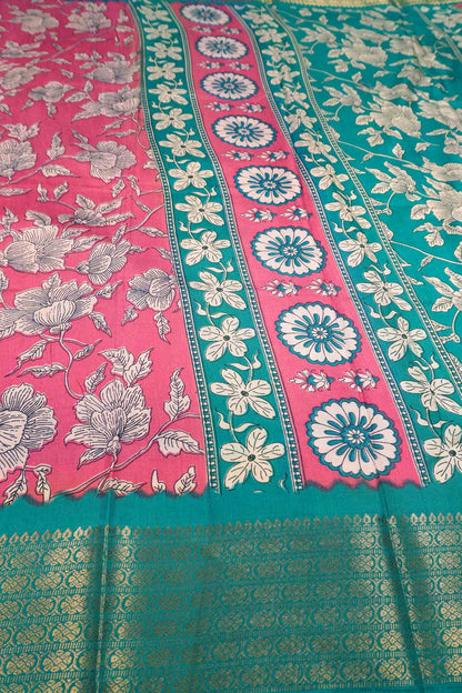 Pink  Semi Dola Flowers Print Zari Border Saree