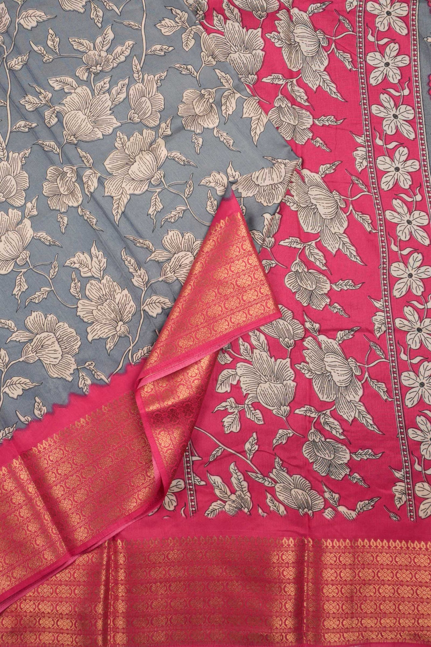 Dark Grey Semi Dola Pink Zari Border Saree
