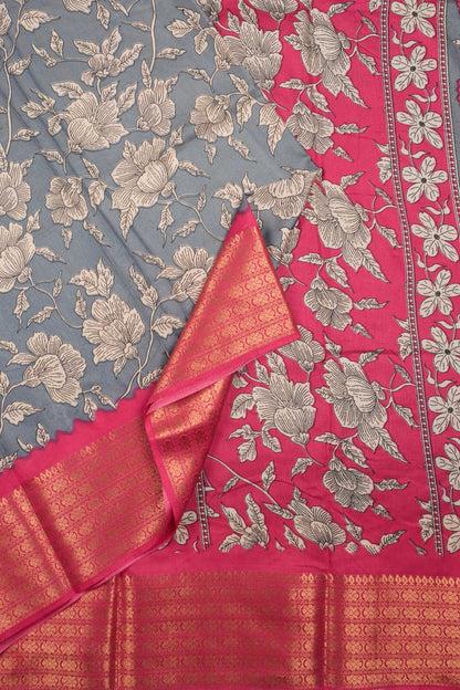 Dark Grey Semi Dola Pink Zari Border Saree