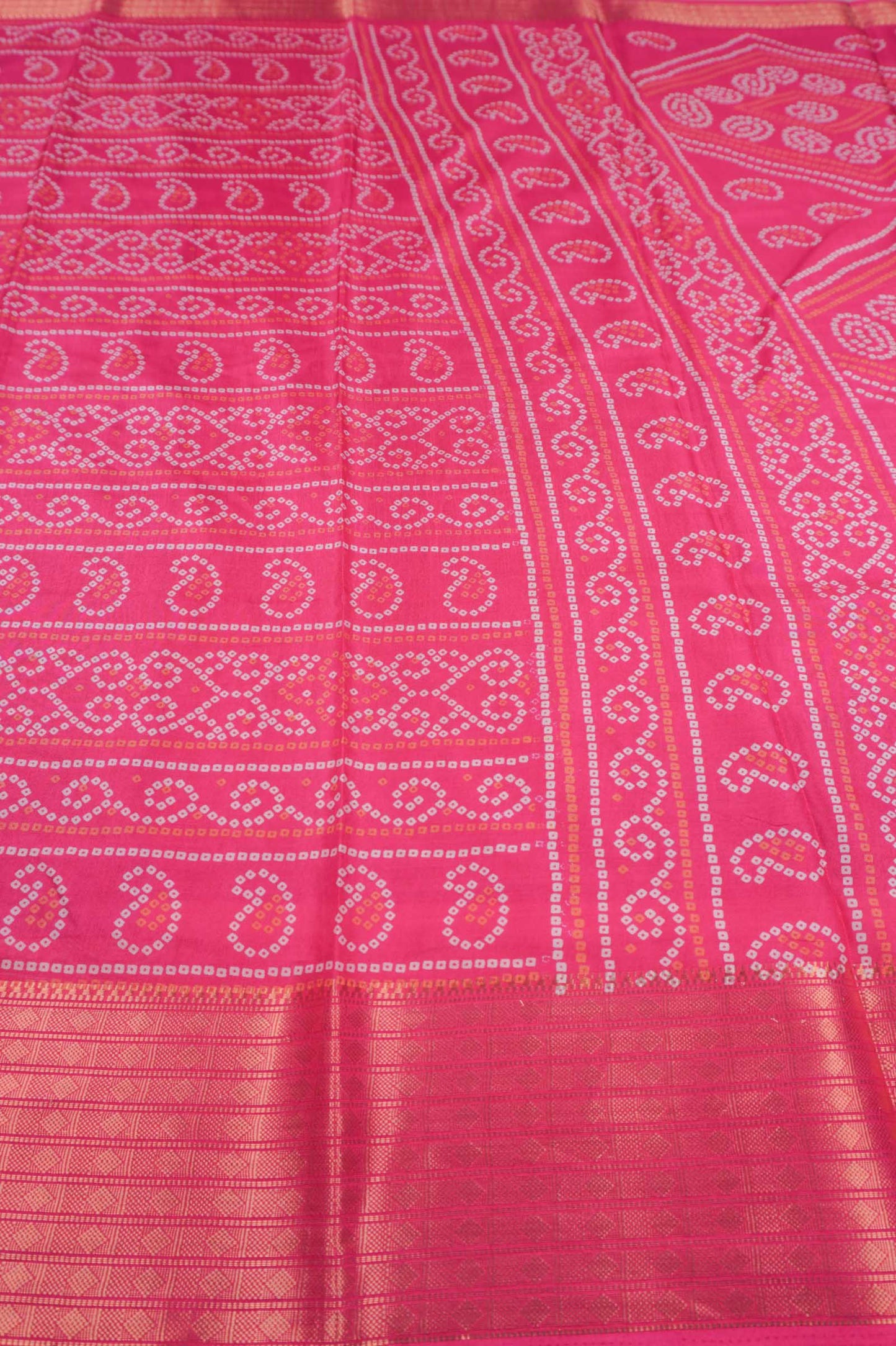 Hot Pink Semi Dola Rang Leela Print Zari Border Saree