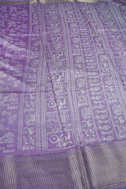 Light Voilet Semi Dola Warli Print Zari Border Saree