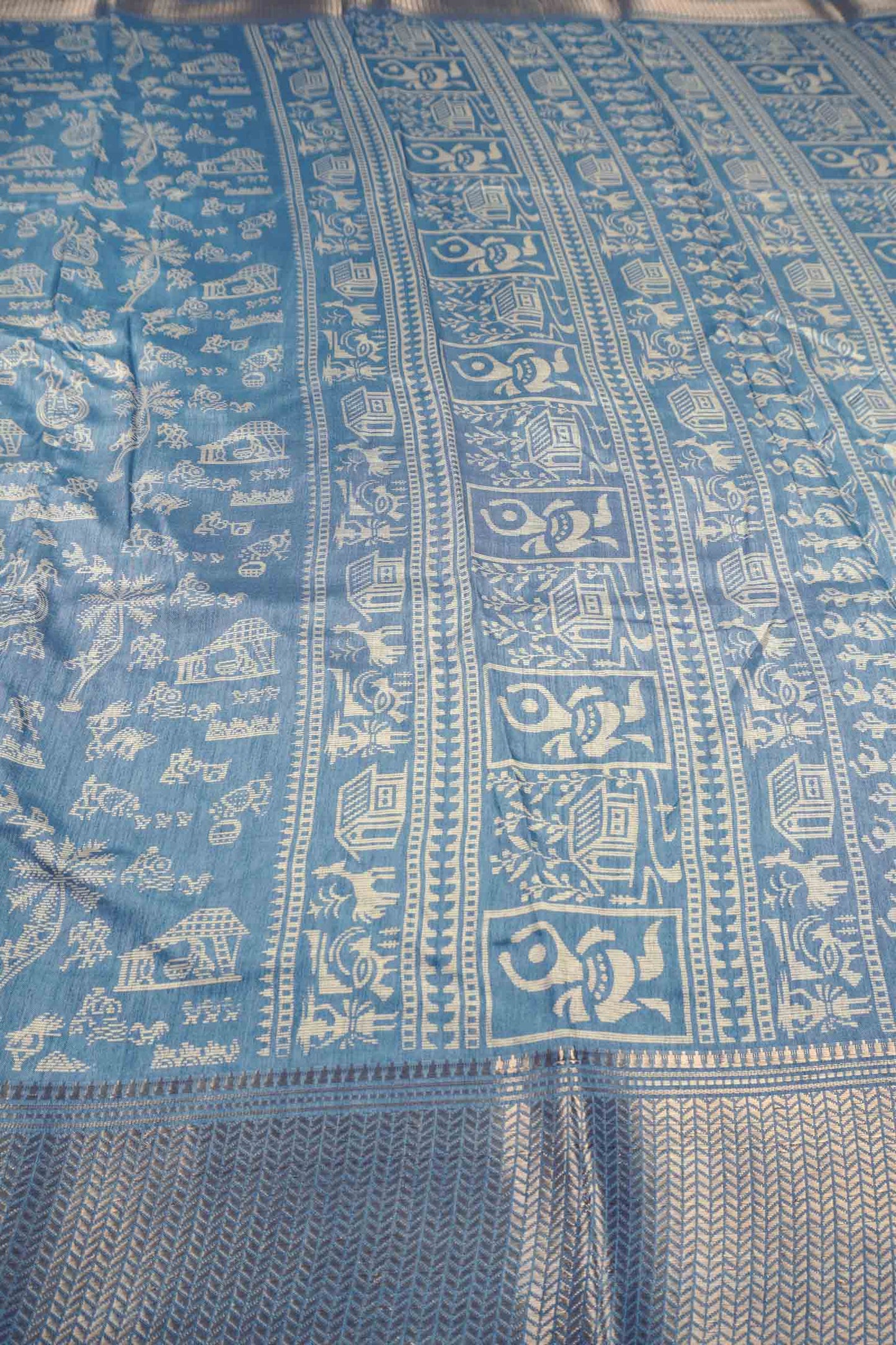 Grey Blue Semi Dola Warli Print Zari Border Saree