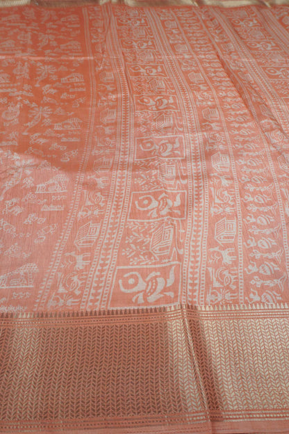 Peach Semi Dola Warli Print Zari Border Saree