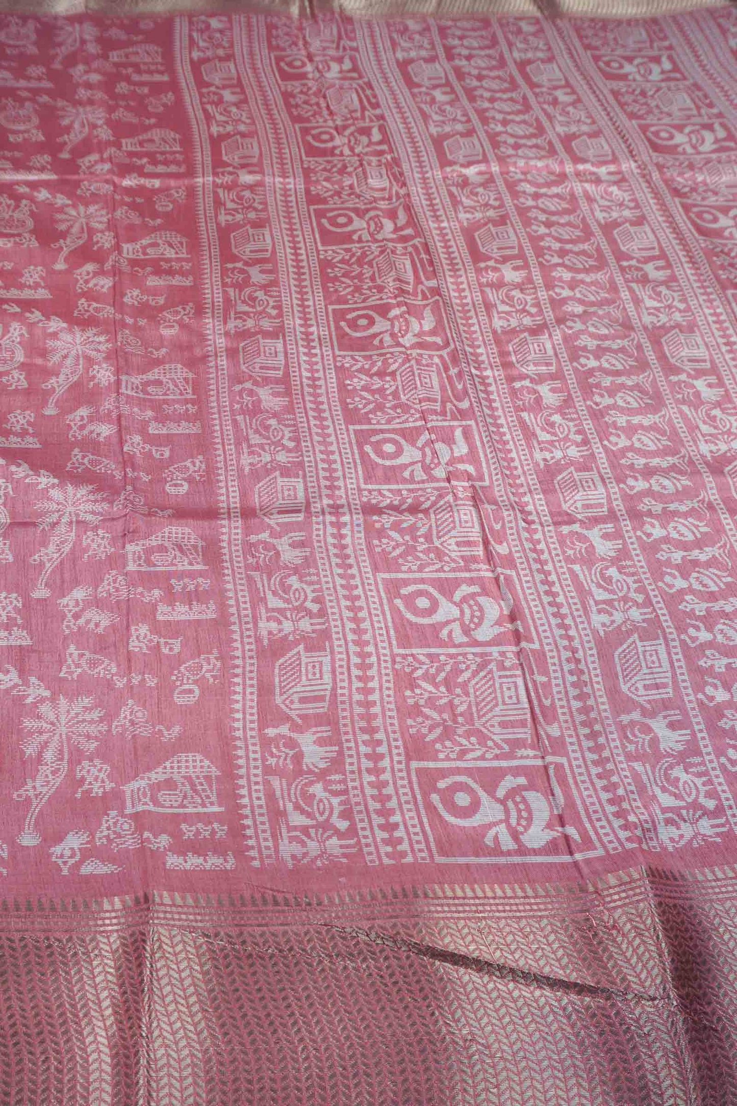 Pink Semi Dola Warli Print Zari Border Saree