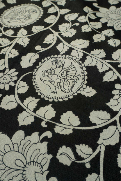 Black and white Semi Dola Peacock Florals Print Zari Border Saree