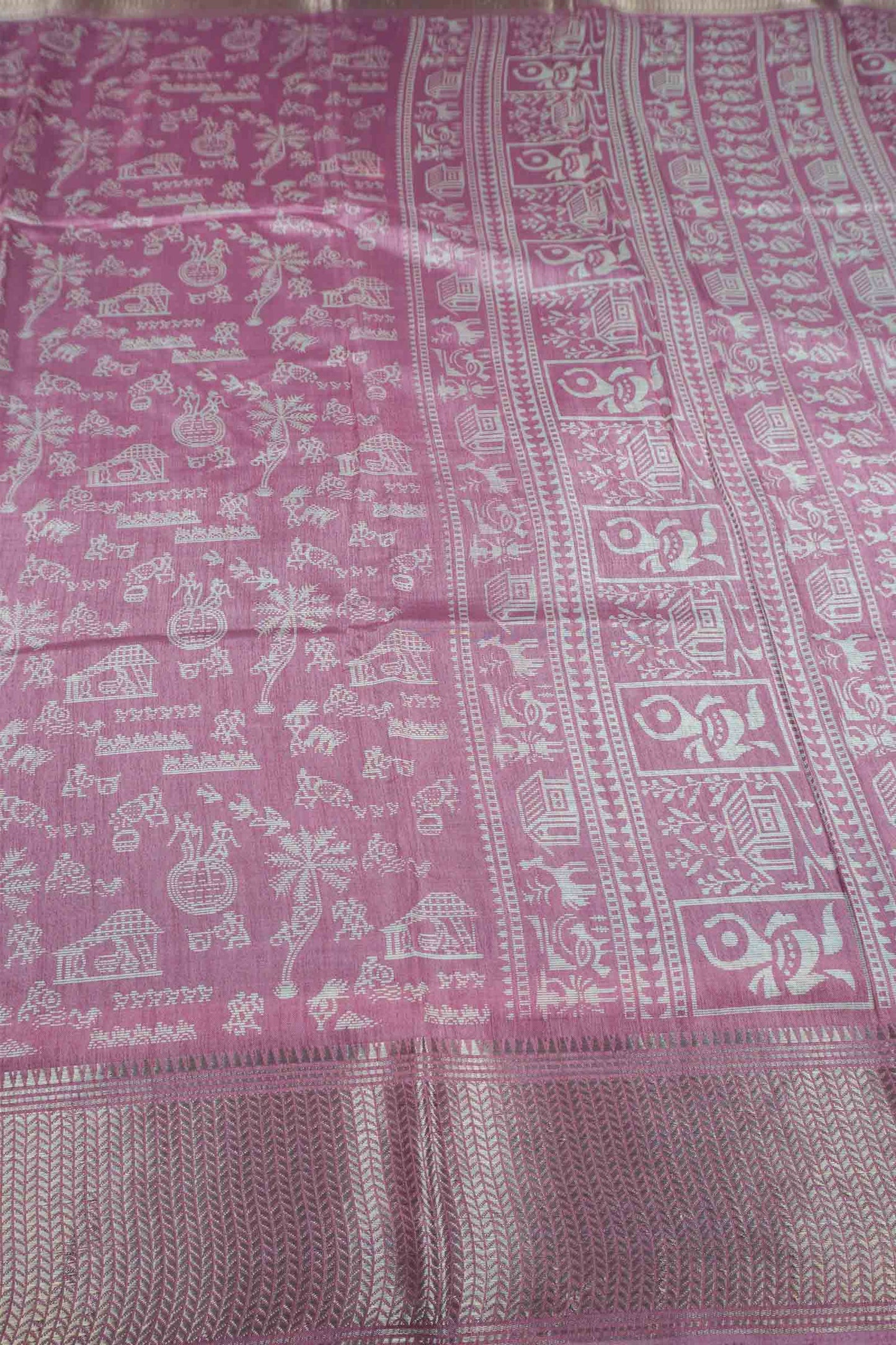 Light Violet Semi Dola Warli Print Zari Border Saree