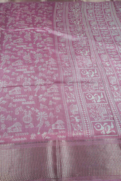 Light Violet Semi Dola Warli Print Zari Border Saree