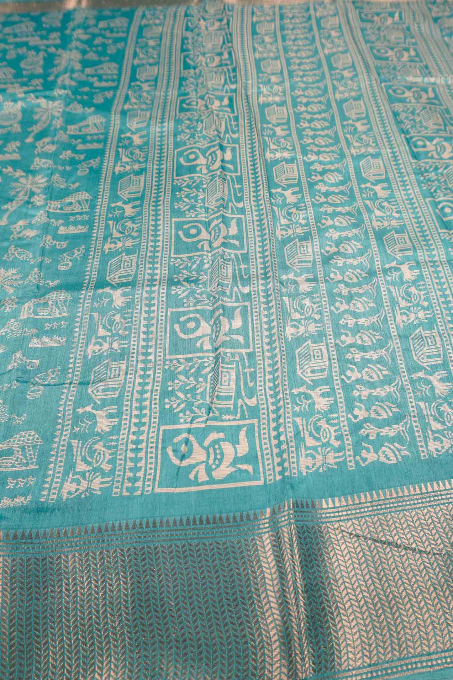Blue Semi Dola Warli Print Zari Border Saree