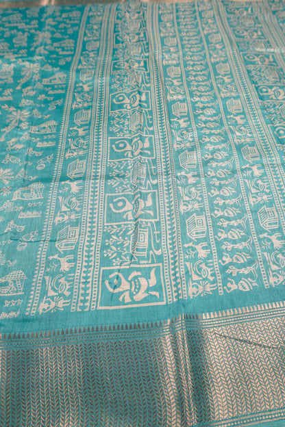 Blue Semi Dola Warli Print Zari Border Saree