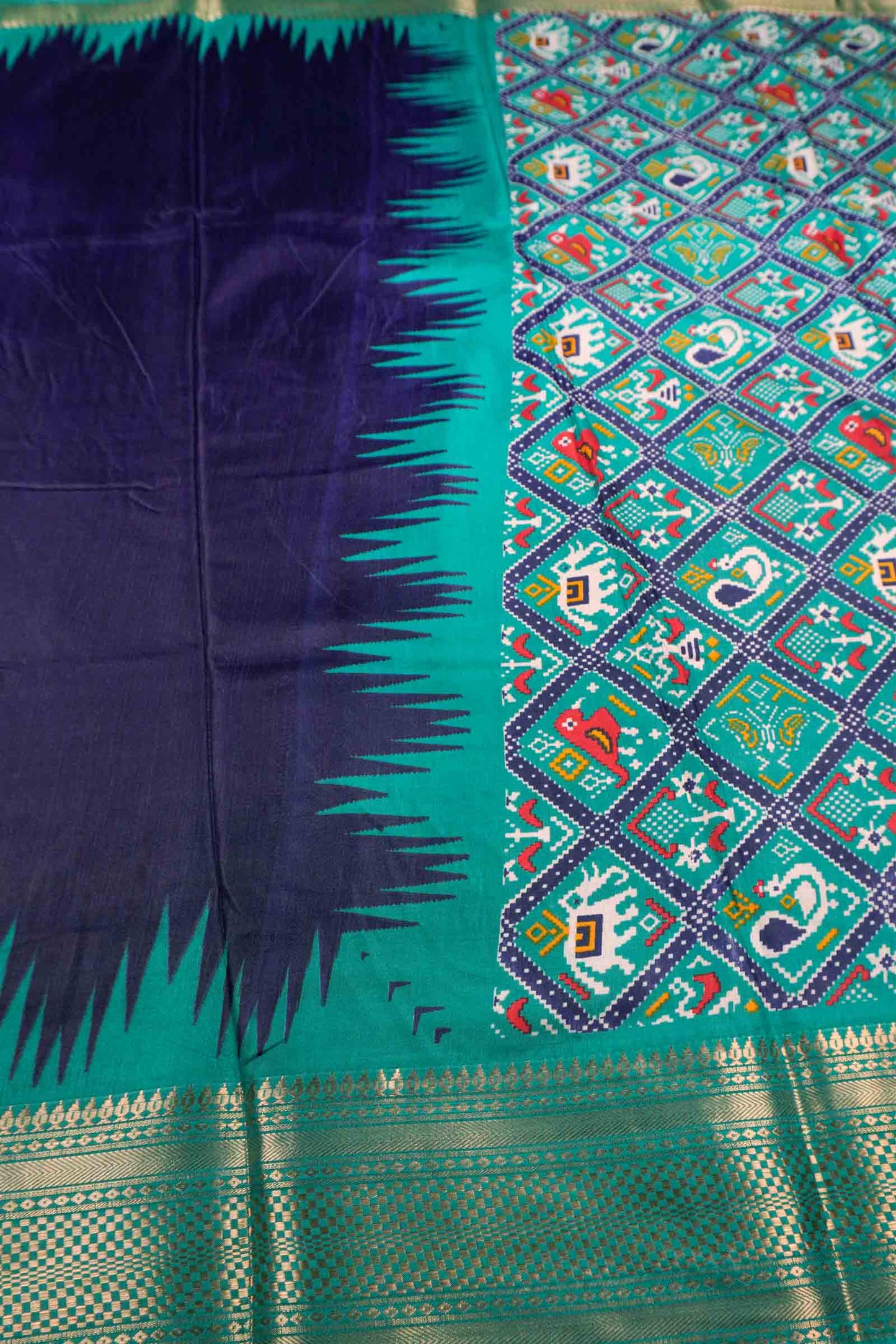 Navy Blue Semi Dola Green Zari Border Saree