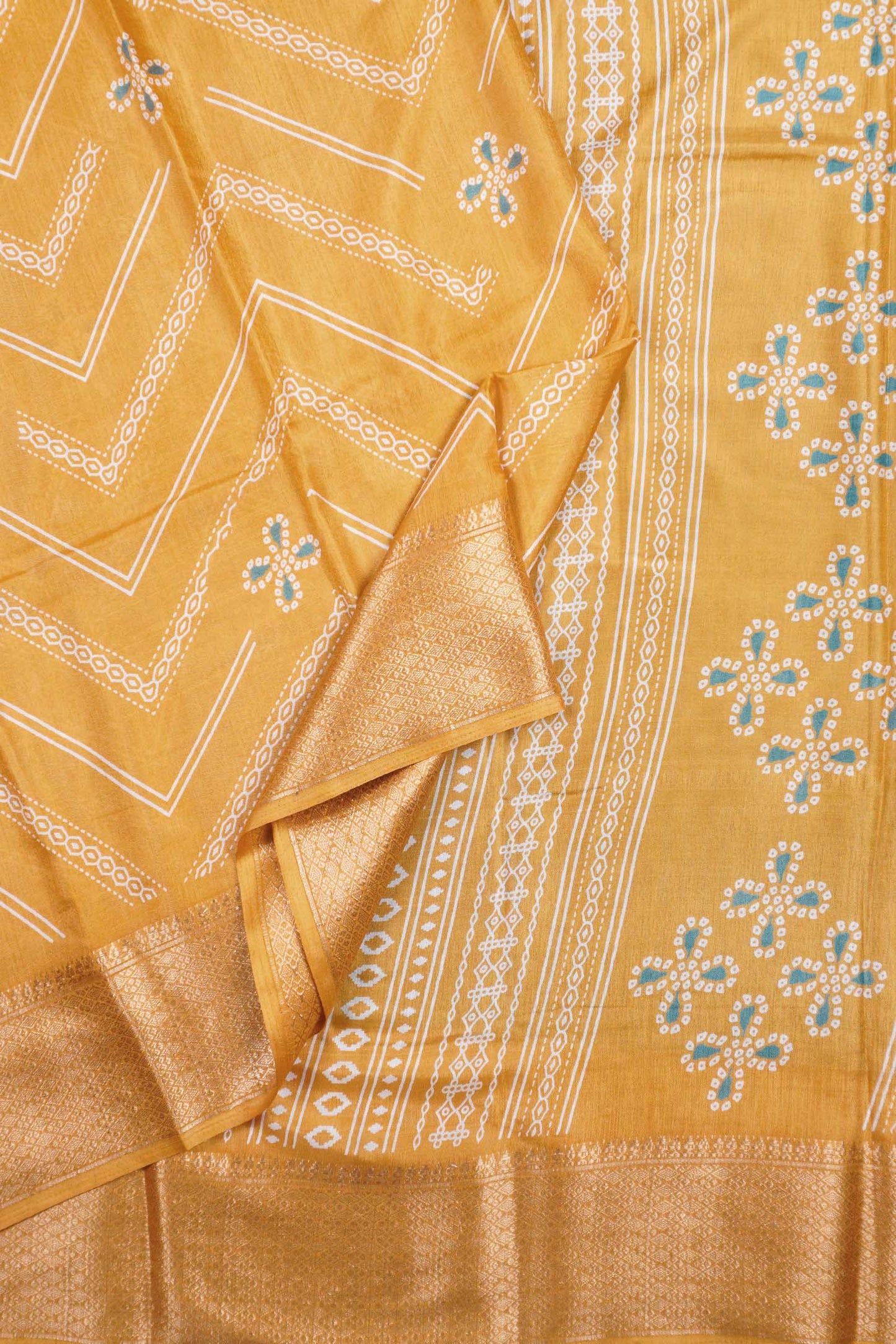 Golden Yellow Semi Dola Fancy Stripes Print Zari Border Saree