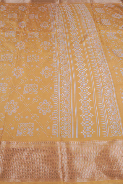 Dark Golden Yellow Semi Dola Floral Frames Zari Border Saree