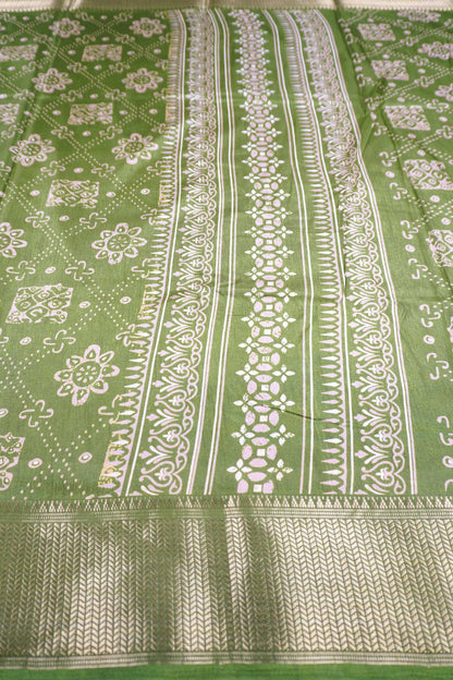 Olive Green Semi Dola Floral Frames Print Zari Border Saree