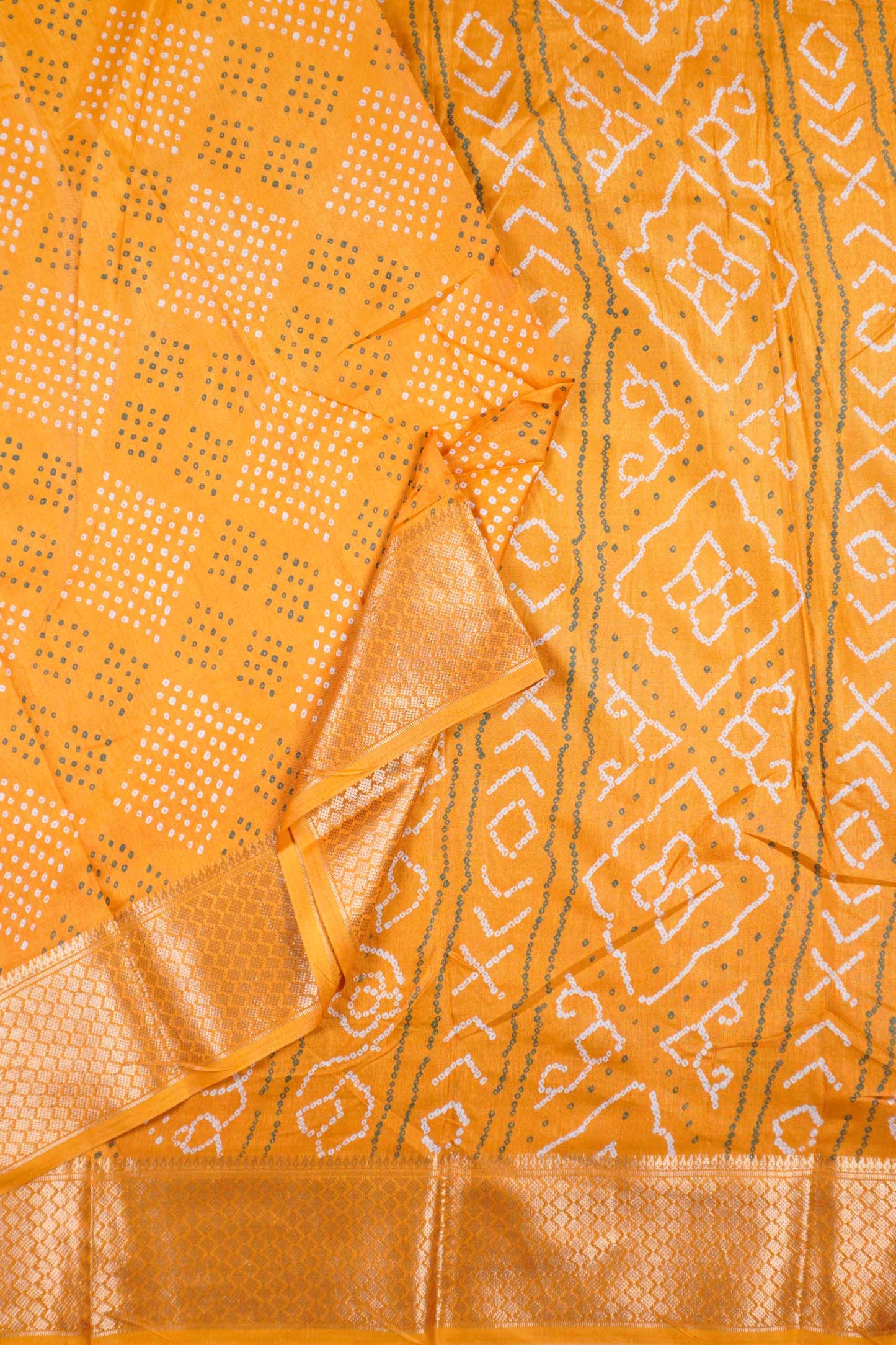 Dark Golden Yellow Semi Dola Dots Print Zari Border Saree