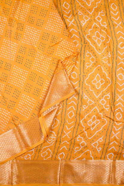 Dark Golden Yellow Semi Dola Dots Print Zari Border Saree