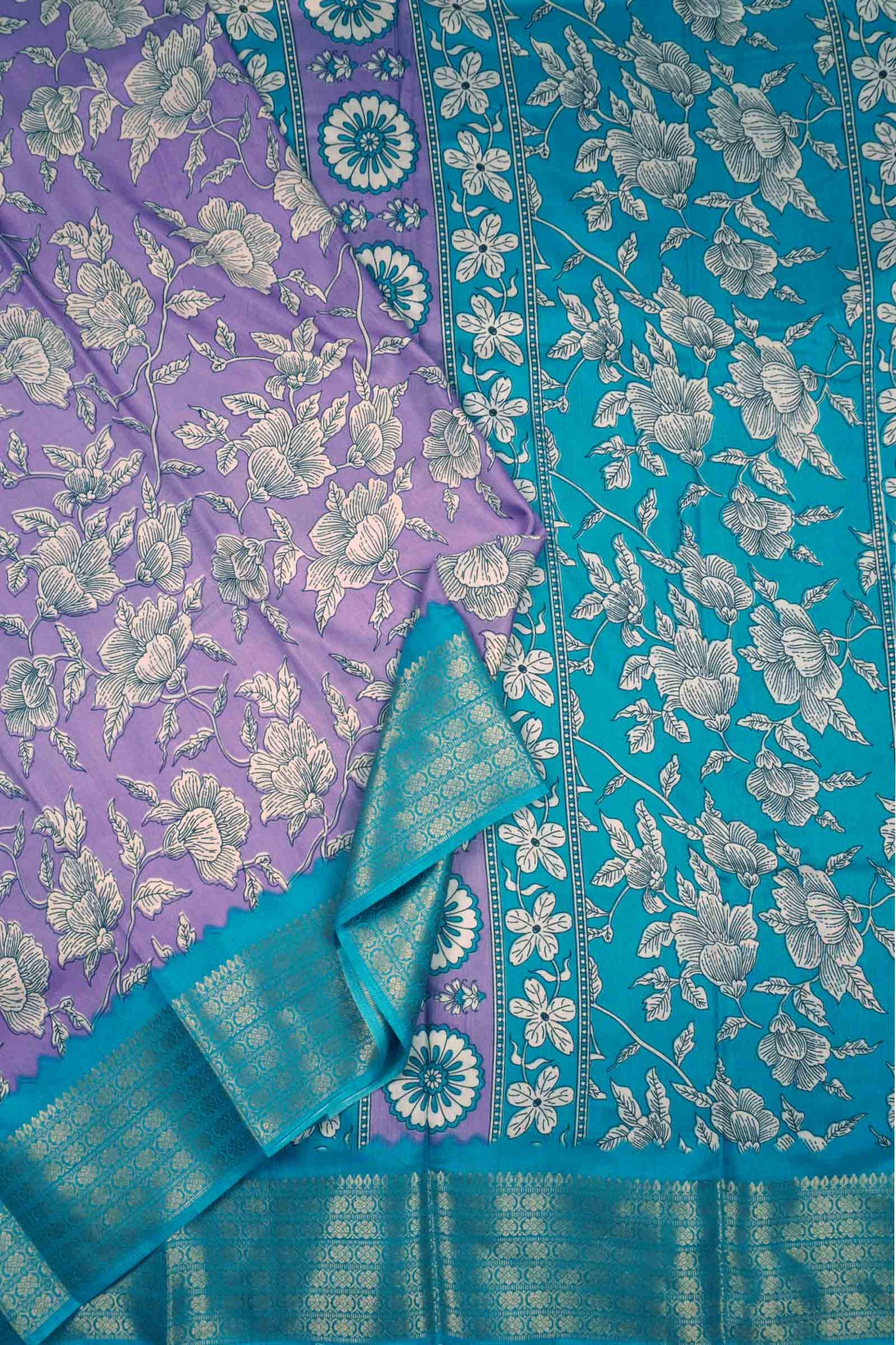 Violet Semi Dola Summer Florals Print Zari Border Saree